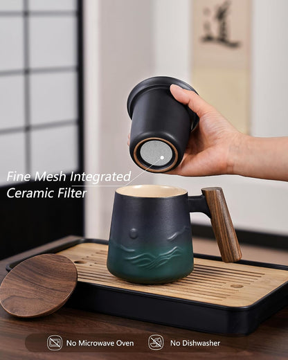 ZENS Tea Mug with Infuser and Lid for Loose Leaf Tea Steeper, 16.9oz Moss | Embossed Ceramic Tea Cup with Infuser for Herbal Tea Difussers, Tea Lovers Gifts, Nature Wood Handle