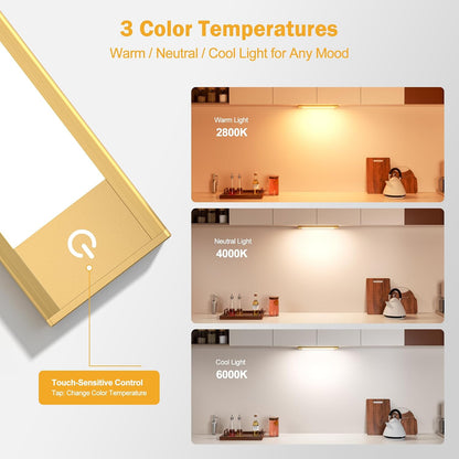 V4light Motion Sensor Cabinet Light, Rechargeable, Dimmable, 2Pcs, 9in | Gold aluminum, magnetic wireless, 1800mAh, 3 color temps & dimmable, ideal for kitchen cabinets, shelves & closets