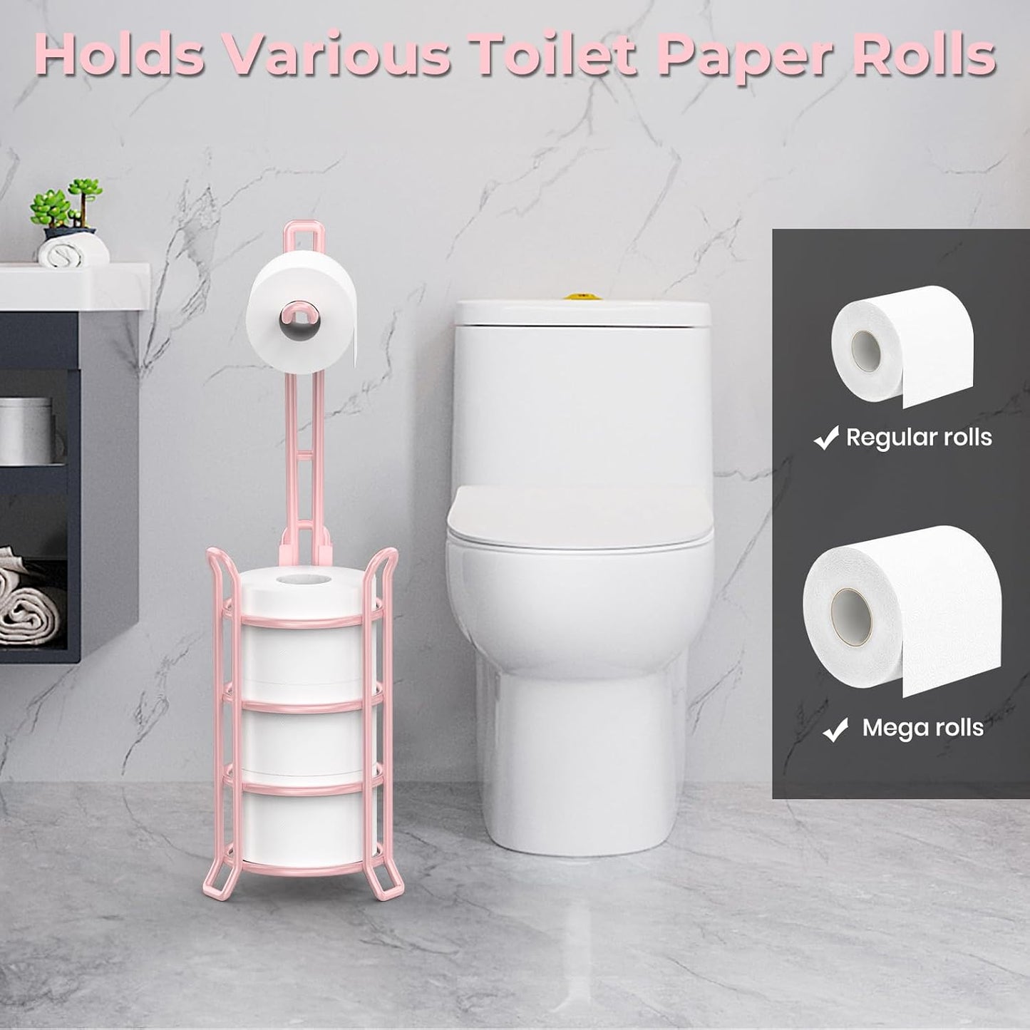 TomCare Toilet Paper Holder Free Standing with Shelf, Stable 4 Raised Feet | Stores 4 Mega Rolls, Tool-Free Assembly, Powder-Coated Metal Frame, Bathroom Storage Organizer for Spare Rolls, Silver