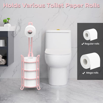 TomCare Toilet Paper Holder Free Standing with Shelf, Stable 4 Raised Feet | Stores 4 Mega Rolls, Tool-Free Assembly, Powder-Coated Metal Frame, Bathroom Storage Organizer for Spare Rolls, Silver