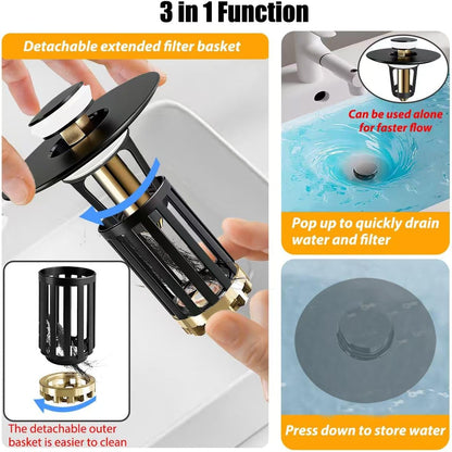 Anlige Bathroom Sink Drain Strainer, 3 in 1 Pop Up Bathroom Sink Stopper with Removable Brass Basket Hair Catcher, Universal Sink Plug for 1.06 to 1.6in Drain Hole, Chrome Silver
