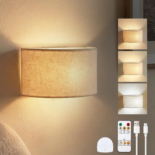 Wireless LED Wall Sconce with Rmote,3 Colors Stepless Dimming Indoor Wall Light with Rechargeable LED Bulb,Fabric Up and Down Wall Mount Light for Living Room Bedroom Hallway Decor(1Pack)