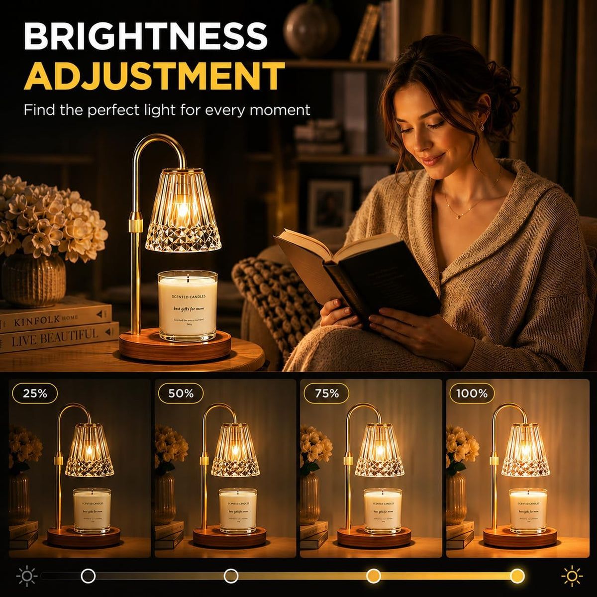 TATAANTY Candle Warmer Lamp with Timer & Dimmer, Adjustable Height for Jar Candles, Wood Base, Home Decor