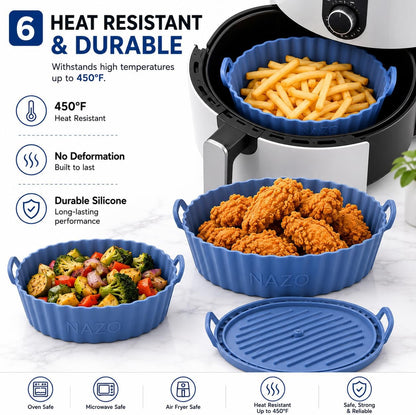 8 PCS Air Fryer Accessories Set, Reusable Silicone Air Fryer Liners for Round Basket, Non Stick Air Fryer Inserts with Kitchen Tongs & Basting Brush, BPA Free, Heat Resistant, Dishwasher Safe