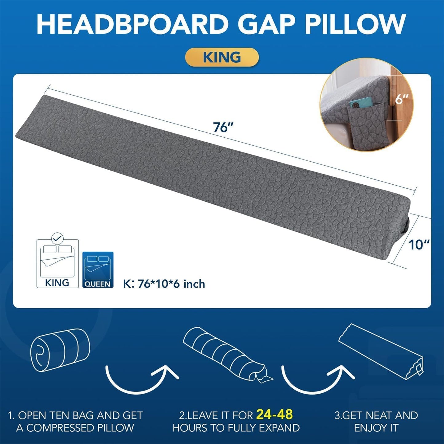Patented Bed Wedge Pillow for Headboard Gap, Filler Between Mattress Gaps (0-7"), Comfortable Supportive High Density Cushioned Foam Pillows, Stay in Place Gripping Dots, King Soft Gray (76"x10"x6")