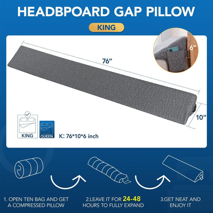 Patented Bed Wedge Pillow for Headboard Gap, Filler Between Mattress Gaps (0-7"), Comfortable Supportive High Density Cushioned Foam Pillows, Stay in Place Gripping Dots, King Soft Gray (76"x10"x6")