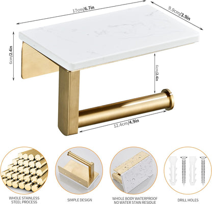 Brushed Nickel Toilet Paper Holder with Marble-Look Shelf, Wall Mounted SUS304 Stainless Steel Toilet Roll Holder with Phone Storage