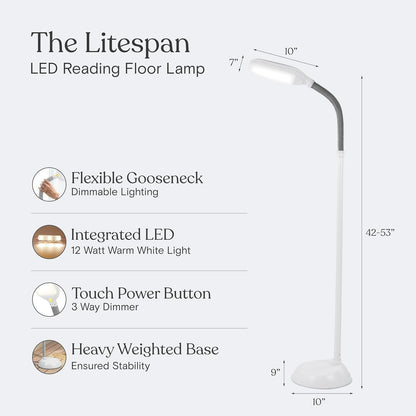 Brightech Litespan - Bright LED Floor Reading Lamp for Over Chair Crafts and Reading, Esthetician Light for Lash Extensions, Gooseneck Adjustable Standing Lamp for Living Room, Bedroom, Office - Black