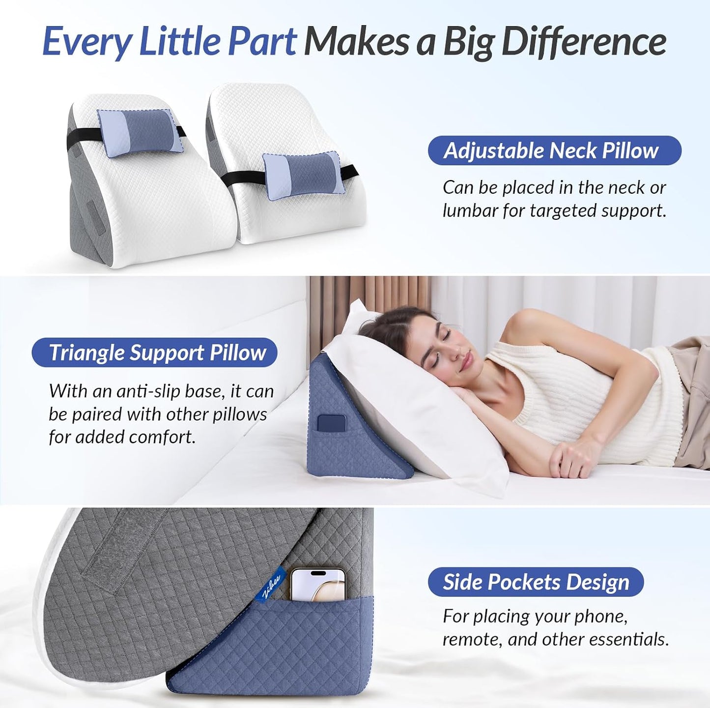ZIKEE Adjustable Wedge Pillow Headboard Set for Sleeping & After Surgery | Ergonomic Reading Pillow for Sitting in Bed, Back Pain Relief & Leg Elevation, Bed Wedge with Premium Memory Foam, Soft Cover