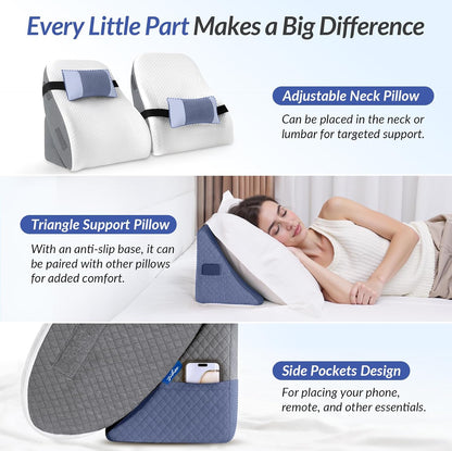 ZIKEE Adjustable Wedge Pillow Headboard Set for Sleeping & After Surgery | Ergonomic Reading Pillow for Sitting in Bed, Back Pain Relief & Leg Elevation, Bed Wedge with Premium Memory Foam, Soft Cover