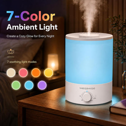 MEGAWISE 3.5L Cool Mist Humidifier with Top Refill, Large Capacity of 3.5L, Easy Safe and Convenient for Home + 7 Night light Colors