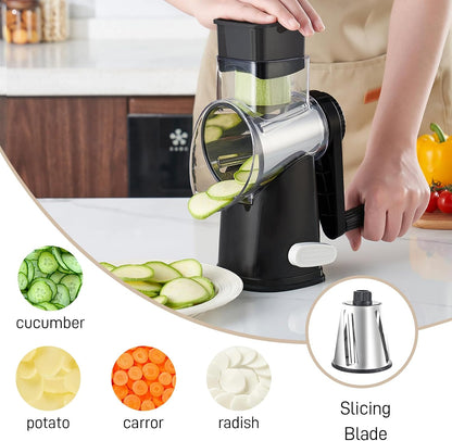 Weltonhm 4 in 1 Large Rotary Cheese Grater Hand Crank (black, 3 Graters) | Cheese Shredder Rotary and Slicer with 4 Stainless Steel Blades for Vegetables, Veggie and Cheese, Stronger Suction Base