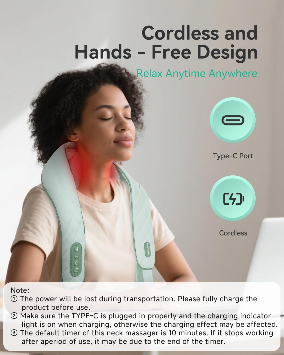 Snailax Cordless Neck & Shoulder Massager with Kneading, Heat, USB-C