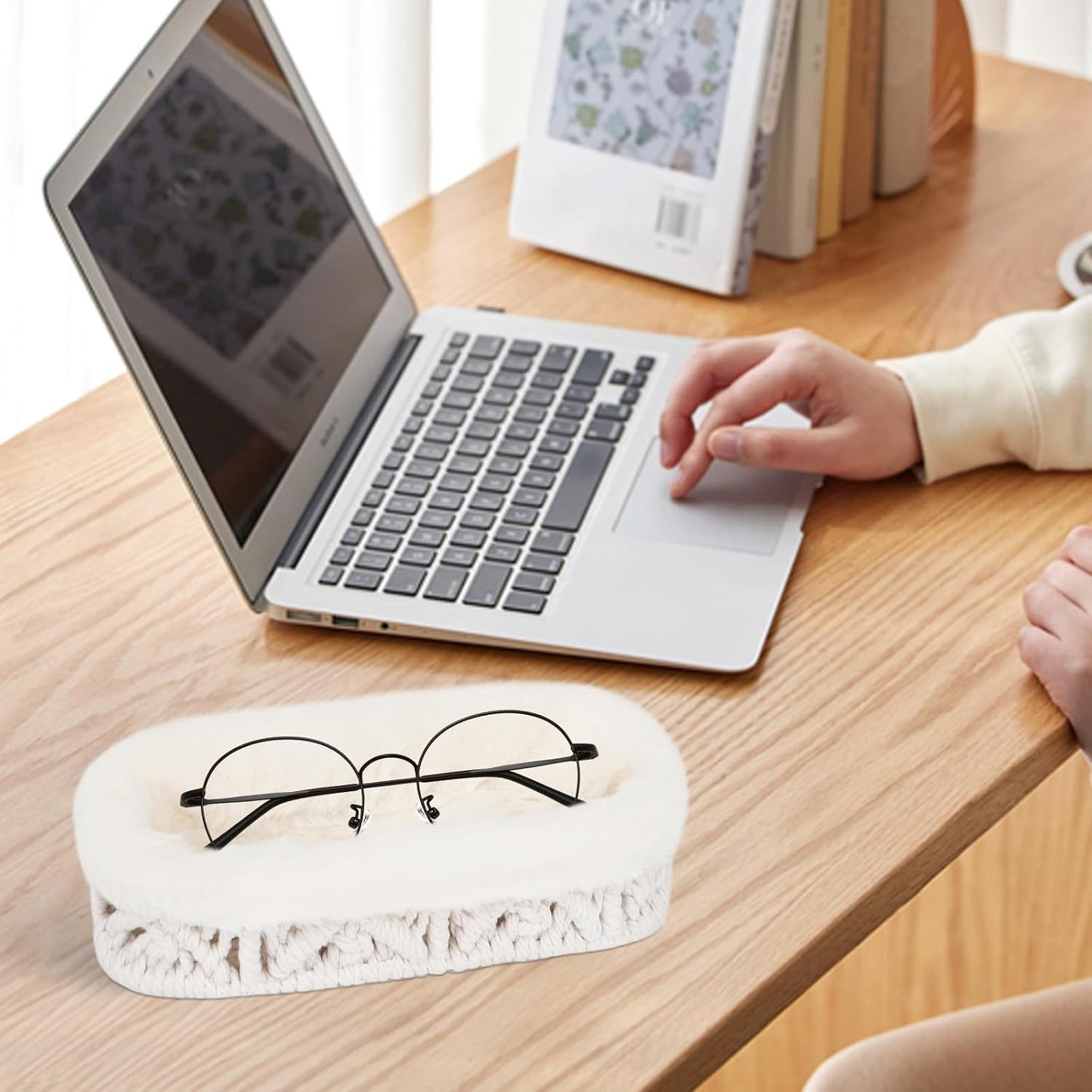 Glasses Holder, Anti-scratch Plush Lined Eyeglass Holder Stand | Oval Eye-glasses Storage Organizer Case for Nightstand, Office Desk, Bedside Table, Beige