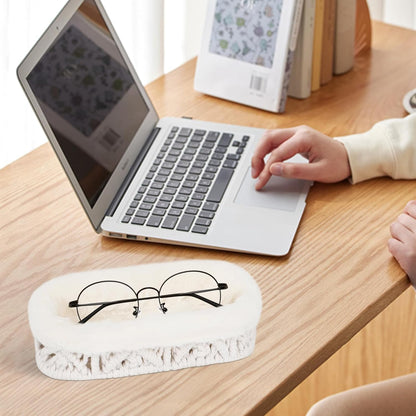 Glasses Holder, Anti-scratch Plush Lined Eyeglass Holder Stand | Oval Eye-glasses Storage Organizer Case for Nightstand, Office Desk, Bedside Table, Beige
