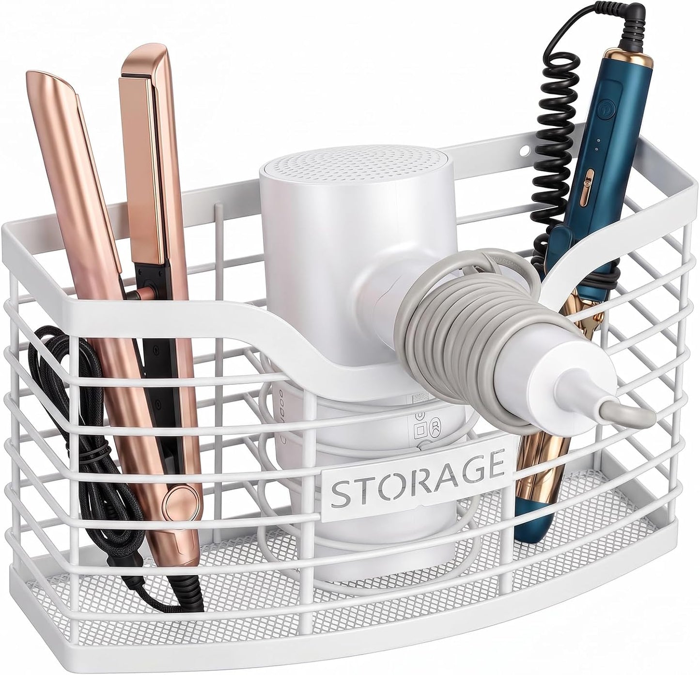 Hair Tool Organizer, Hair Dryer Holder for Bathroom Vanity Counter Cabinet | Dresser Blow Dryer Holder, No Drilling Wall Mount Storage Basket for Blow Dryers, Shaver, Comb, Curling Iron, Straightener