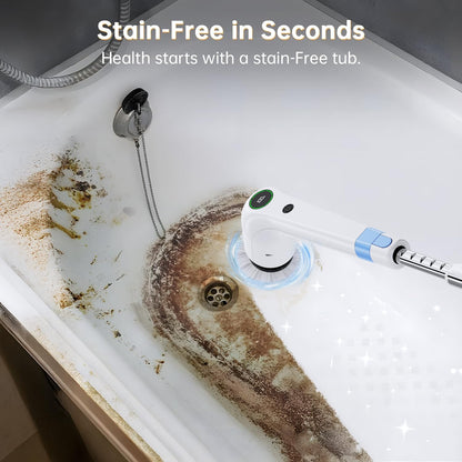 PUFTEM Electric Spin Scrubber, Cordless Shower Scrubber, Adjustable Handle | Dual Speed, 8 Replaceable Brush Heads, Adjustable Extension Handle, Battery Level Display, Bathtub, Tile & Floor Cleaning
