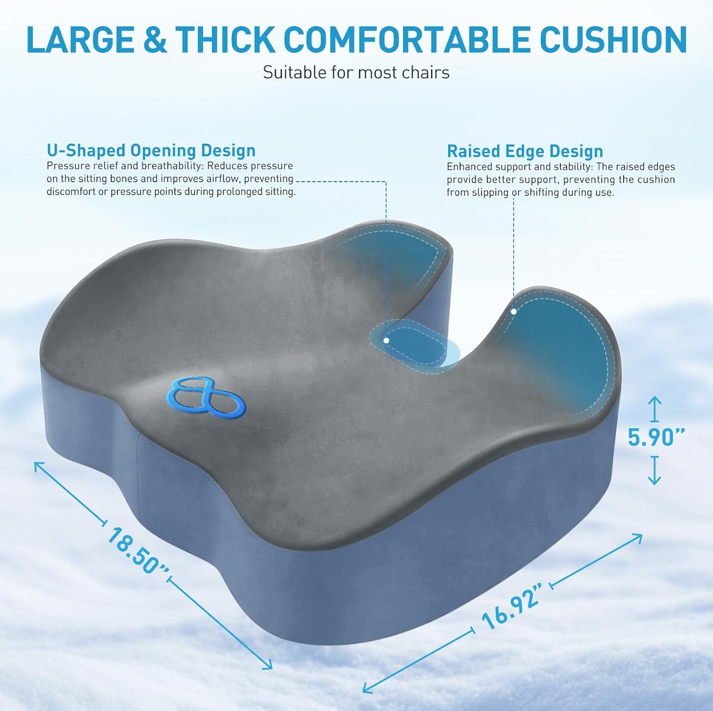 BlissTrends Memory Foam Seat Cushion for Office Chair & Car Seat, Black | 4.7in Ergonomic Tailbone & Sciatica Support with Removable Velvet Cover for Pressure Relief and Long Sitting Comfort