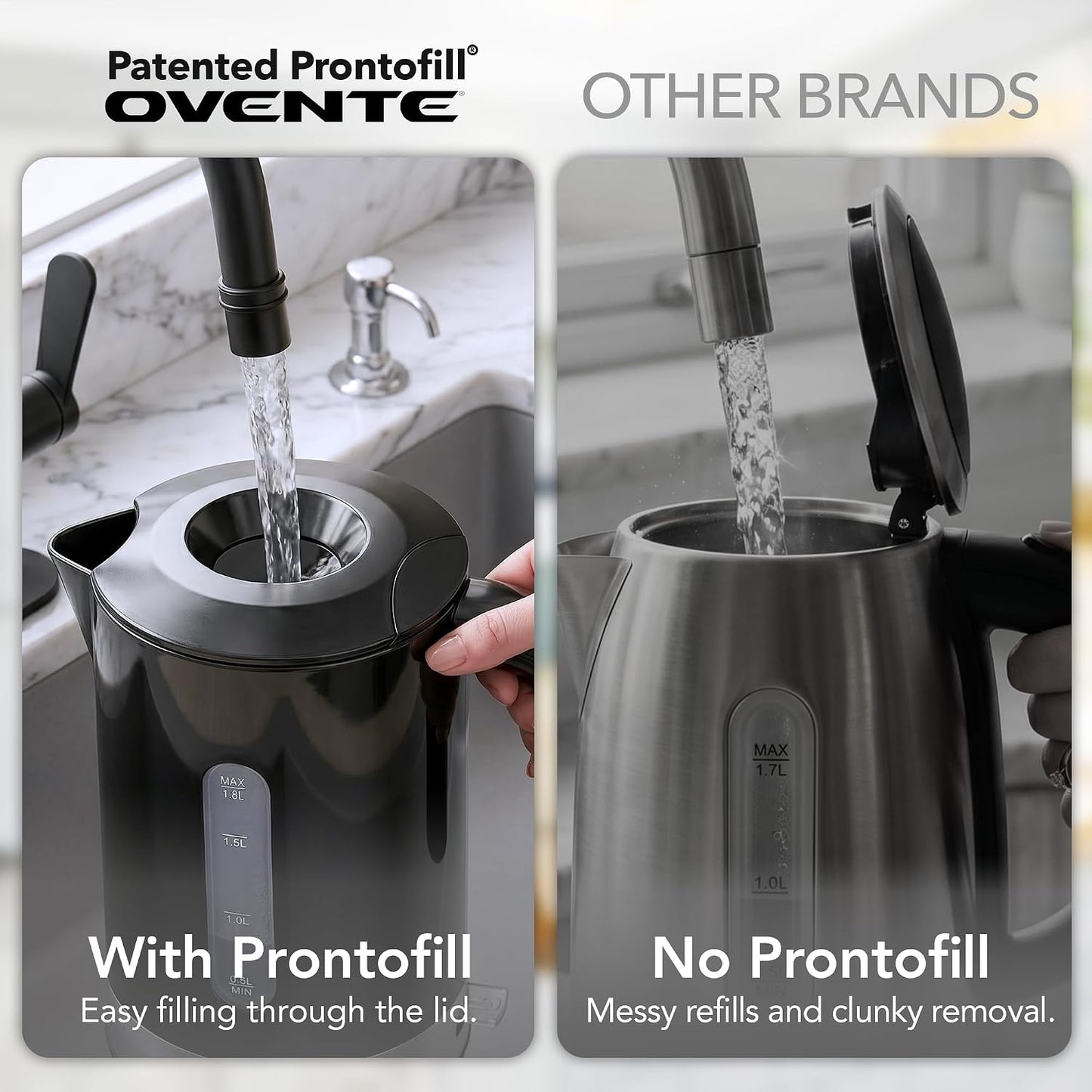 OVENTE 1.8L Electric Kettle with 1500W Fast Boiling Heater, Black KP413B | Best For Coffee or Tea, BPA-Free, Easy-Fill Lid, Water Level Window, Auto Shut-Off & Boil-Dry Protection, Removable Filter