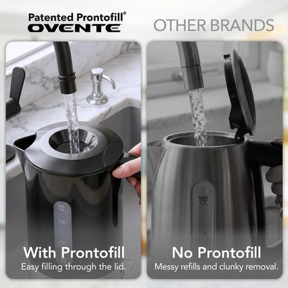 OVENTE 1.8L Electric Kettle with 1500W Fast Boiling Heater, Black KP413B | Best For Coffee or Tea, BPA-Free, Easy-Fill Lid, Water Level Window, Auto Shut-Off & Boil-Dry Protection, Removable Filter