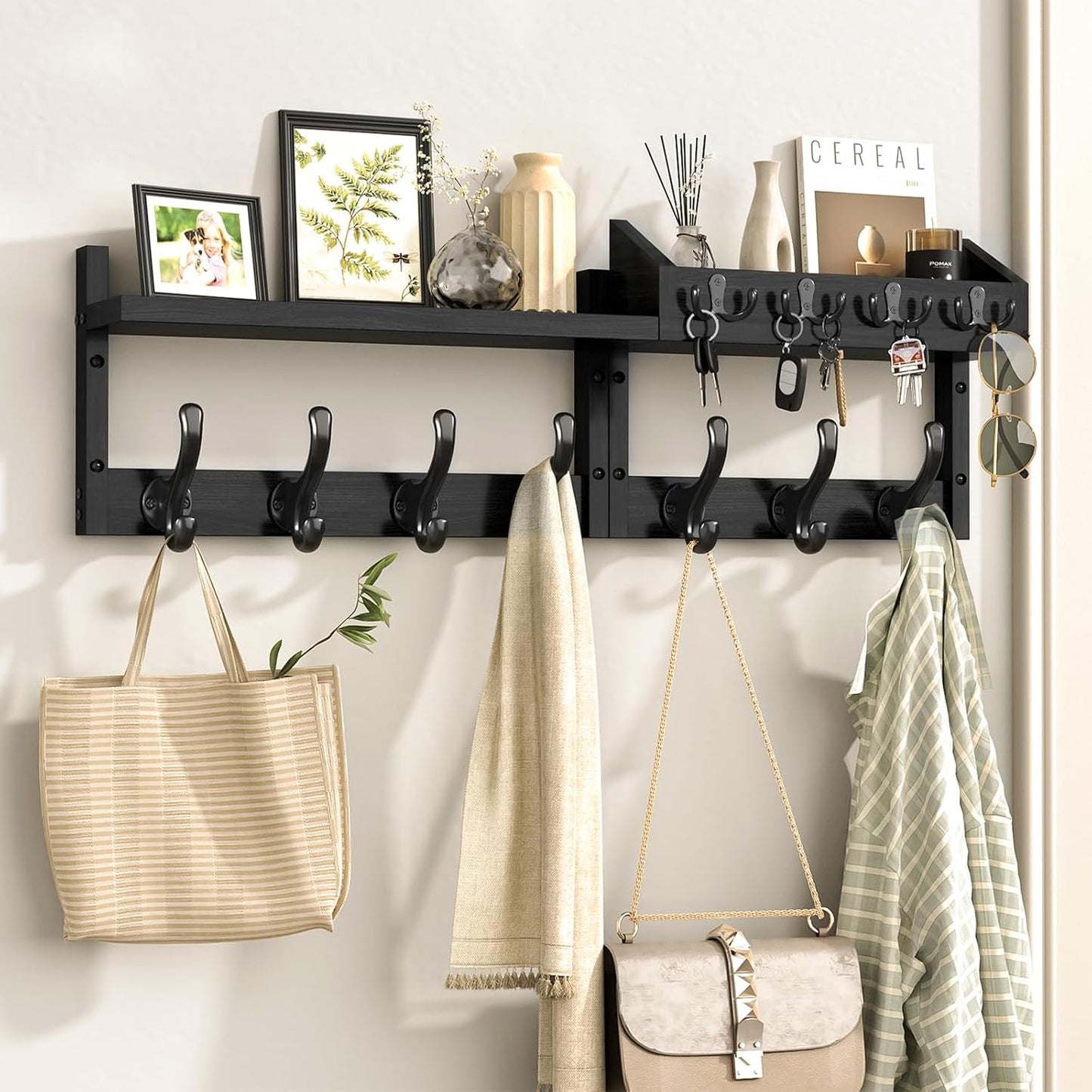 Evermagin 29" Coat Rack Wall Mount with Shelf & 11 Hooks, Entryway, Black | Wooden Wall Mounted Coat and Key Rack with Hooks, Key Hanger with Mail Holder for Living Room, Mudroom, Bedroom