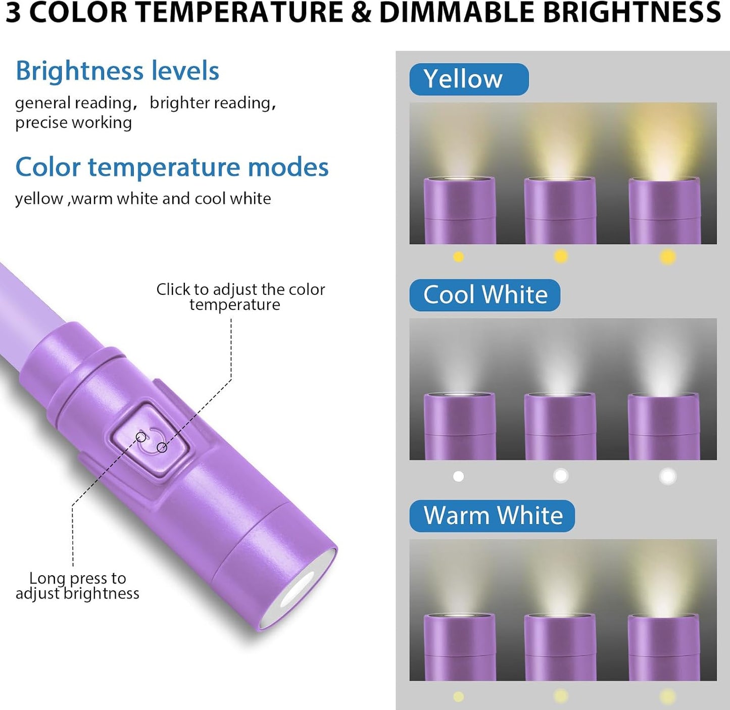 Rechargeable Hands-Free Neck Light with 3 Adjustable Color Modes, Black | Stepless Dimming, Flicker-Free Eye Protection, Flexible & Bendable, Long Battery Runtime, Protable Lightweight