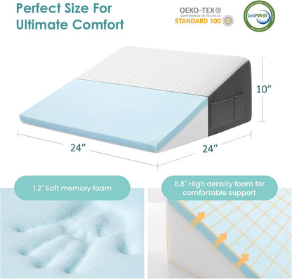 Cozymaker 10" Leg Elevation Pillows for Swelling, Cooling Gel Memory Foam Wedge Pillows for After Surgery, Sciatica Back Knee Hip Ankles Pain Relief, Leg Pillows for Sleeping