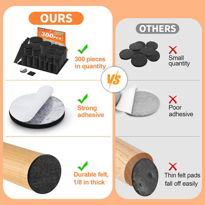 Felt Furniture Pads 300 Pieces, Furniture Pads for Hardwood Floors Black | Self-adhesive felt pads prevent scratches and noise, ideal for chair legs, suitable for hardwood floors and indoor furniture