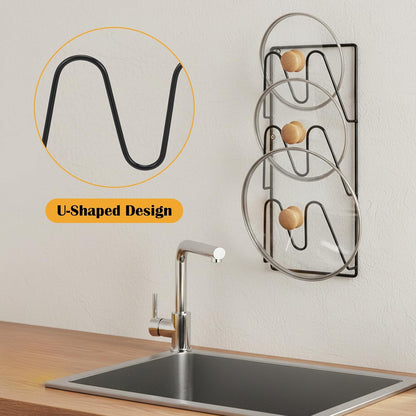 4 Pcs Pot Lid Organizer Rack, 12-Tier Adhesive Mount No Drilling Lid Holder for Cabinet Door and Wall, Rustproof Black Kitchen Storage Solution for Pots and Pans