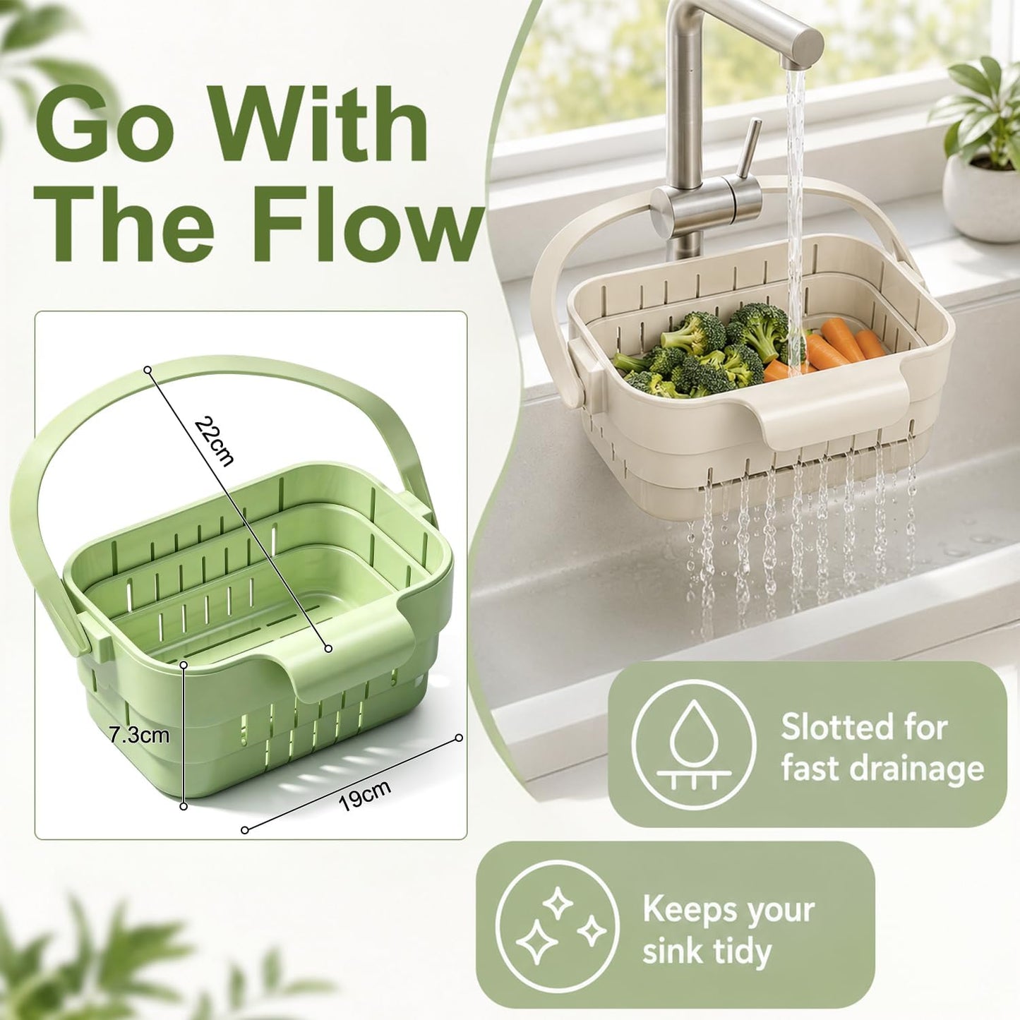Foldable Hanging Kitchen Sink Drain Basket, 2026 Upgraded Foldable Kitchen Sink Strainer, Stretchable Kitchen Colander, No-Drill Hanging Drain For Fruit Vegetable Washing Rice Rinsing (Green)