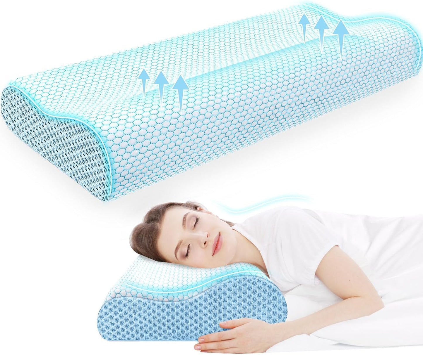 Neck Pillow for Sleeping, Ergonomic Cervical Bed Pillow, Blue Standard Size | Memory Foam Bed Pillow for Side Back Stomach Sleepers, Contour Fit Neck Pillow for Sleeping and Neck Pain Relief
