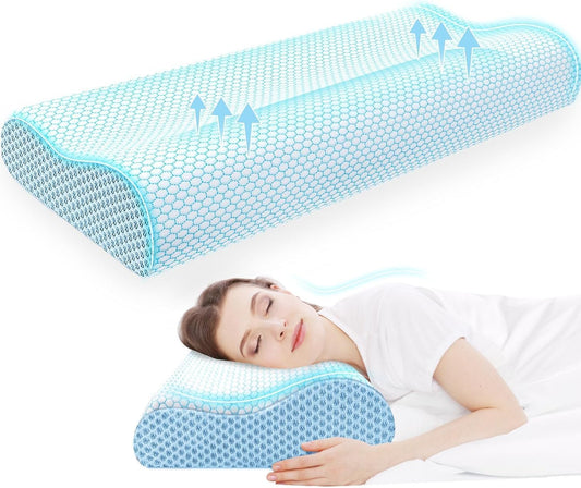 Neck Pillow for Sleeping, Ergonomic Cervical Bed Pillow, Blue Standard Size | Memory Foam Bed Pillow for Side Back Stomach Sleepers, Contour Fit Neck Pillow for Sleeping and Neck Pain Relief