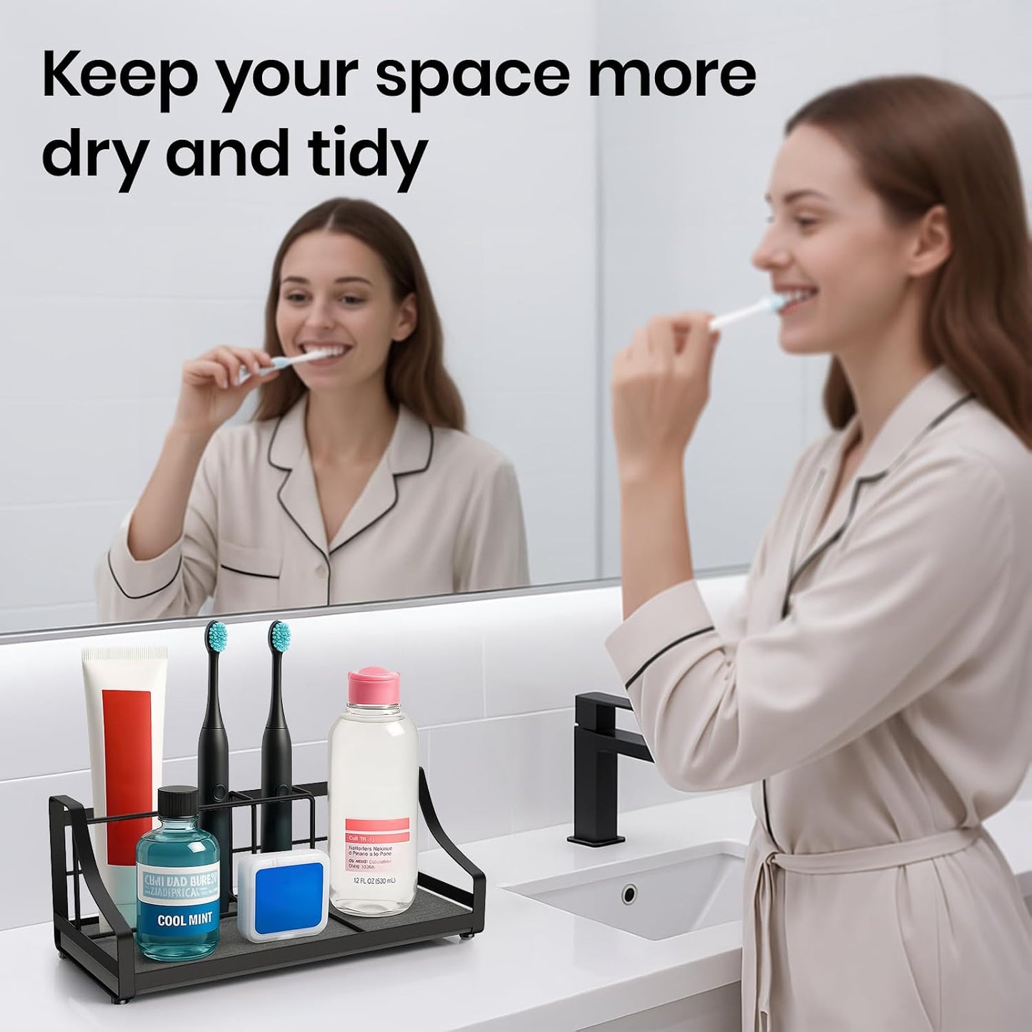 Toothbrush Holder with Quick Drying Mat—Toothbrush and Toothpaste Holders for Bathrooms—5 Slots Openwork Design Black Toothbrush Holder Set,Bathroom Counter Organizer for Electric Toothbrush