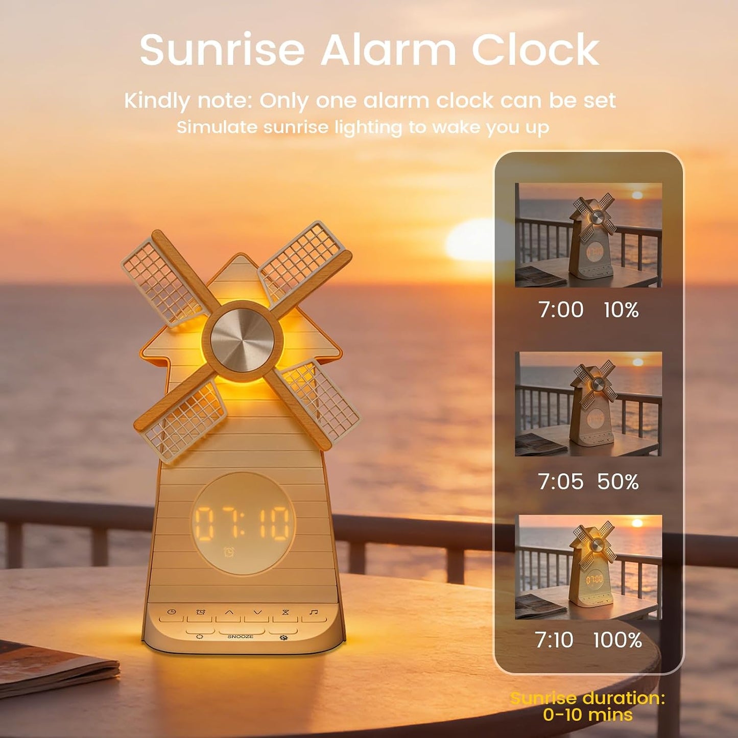 Sunrise Alarm Clock Rotating Windmill, White Noise Sleep Aid Gift | 20 Soothing Sounds, Easy Snooze Wake Up Light, 4-Level Dimmer Bedside Night Light, 30/60/90min Timer, Bedroom for Adults/Kids