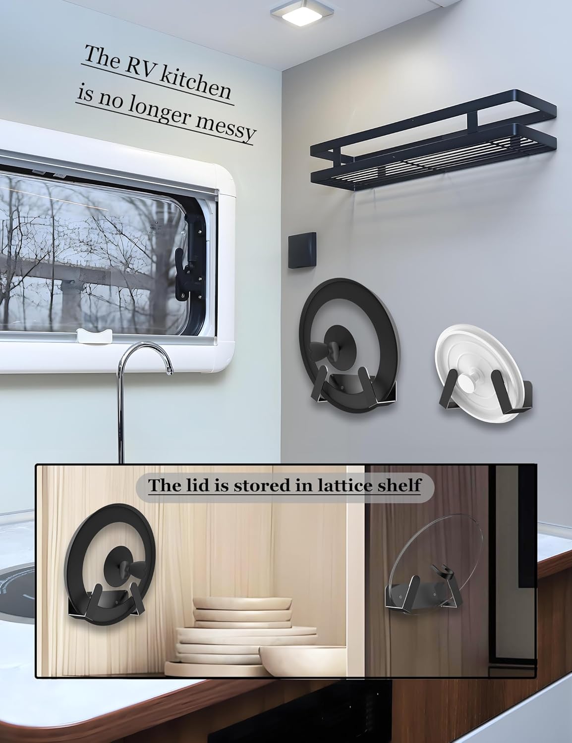 Pot Lid Organizer, 2 Pack Lid Holders Inside Cabinet, (Black) | Pot Lid Storage Wall Mount Rack, Pan Lid Organizer Fit for Cutting Board Wall Mount Lid Holder Fixed by Adhesive or Screw