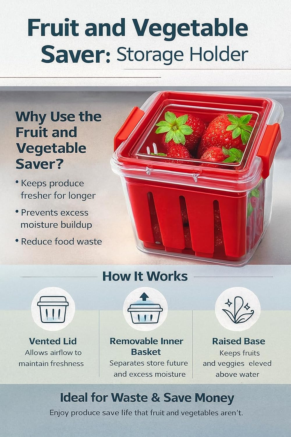 Home & Style Produce Storage Container with Colander – Rinse, Drain & Keep Fruits Fresh – BPA-Free Fridge Fruit Saver with Lid – Ideal for Strawberries, Blueberries & Vegetables