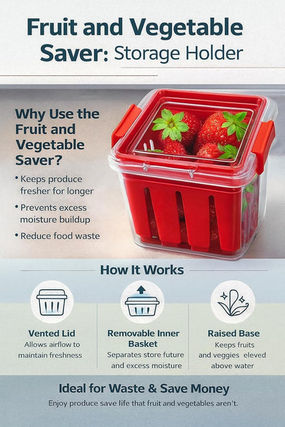 Home & Style Produce Storage Container with Colander – Rinse, Drain & Keep Fruits Fresh – BPA-Free Fridge Fruit Saver with Lid – Ideal for Strawberries, Blueberries & Vegetables