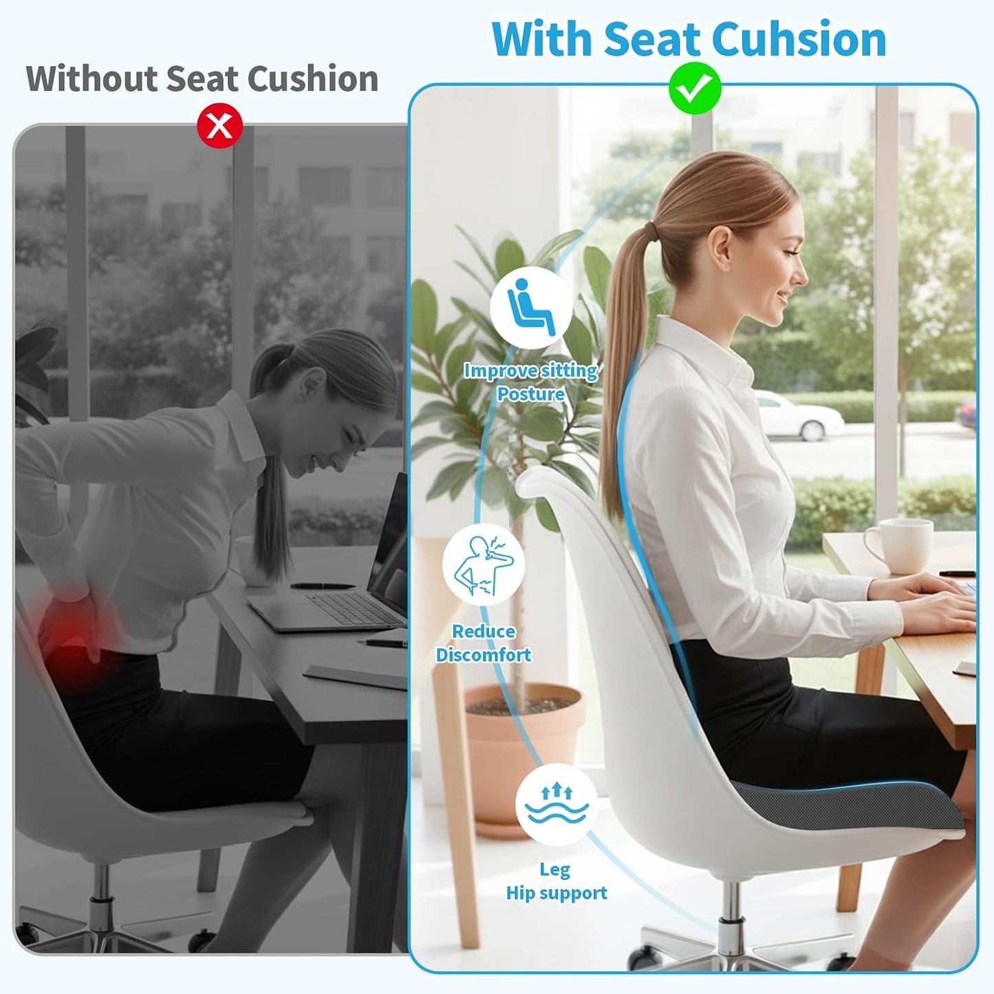 TranquilRelax Memory Foam Seat Cushion for Office Chair, 3-Inch, Black | Medium-firm Support for Long Sitting, Washable Mesh Cover, Non-slip Base, Perfect for Car Seats & Short Drivers