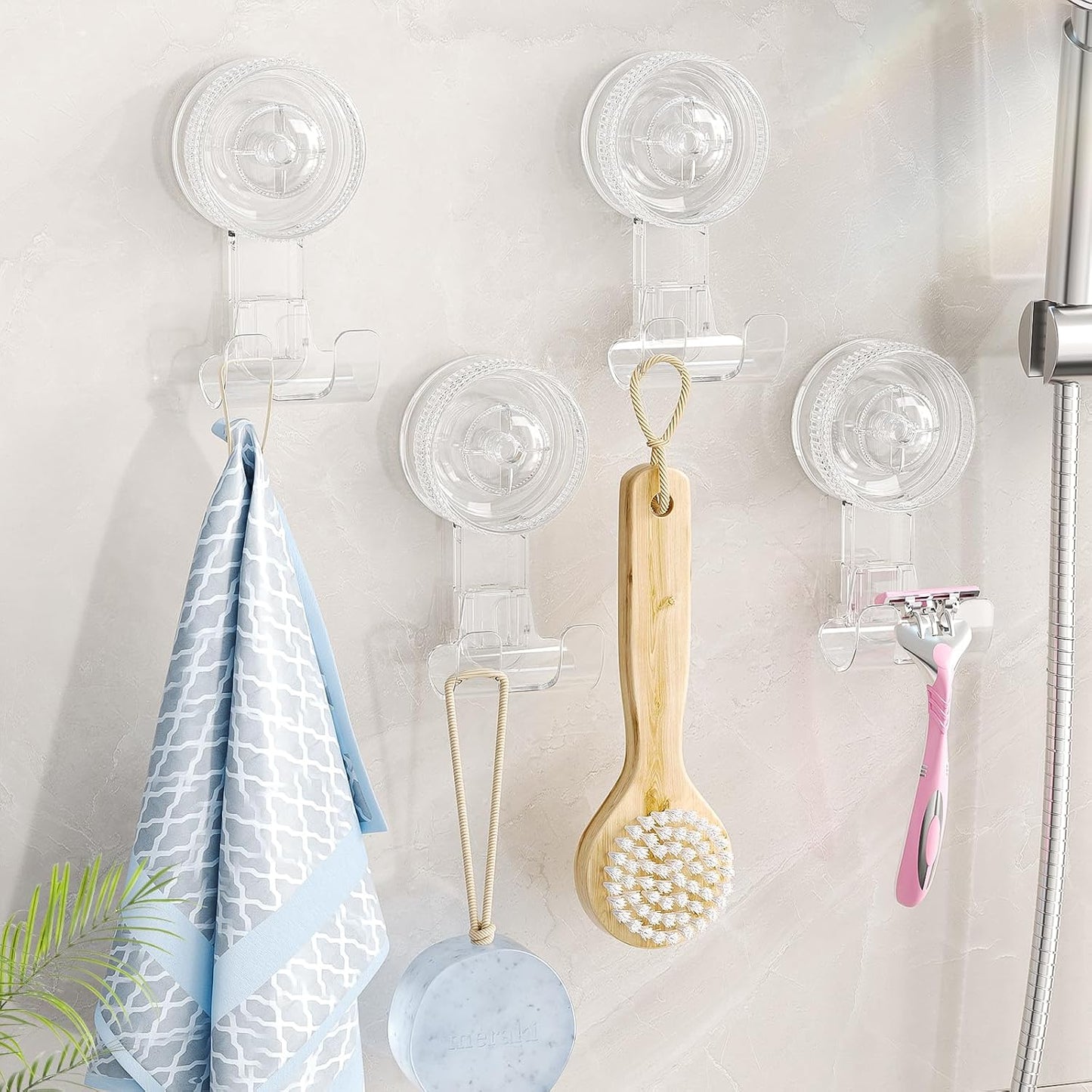 LUXEAR Suction Hooks, 2 Pack Razor Hooks Removable & Reusable | Shower Hook Damage-Free Powerful Suction Hanger for Towel Bathrobe Loofah Bathroom Kitchen Storage Hooks Weather Hanger