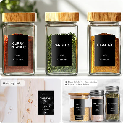 288 Pantry Labels for Food Containers, Black Preprinted Minimalist Waterproof Stickers for Organizing Storage Bins, Jars and Kitchen