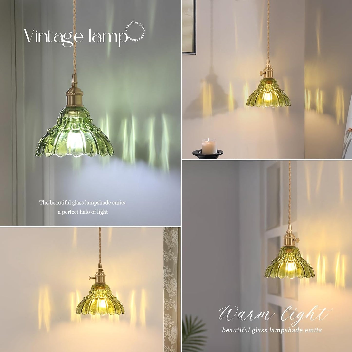 Shenmoyl Battery Operated Wall Sconce Wall Lamp with Green Lily of the Valley Shade Pattern Glass Adjustable Chain Retro Gold Wall Mounted Light, Modern Wall Lamp Fixtures Decor for Bedside Bedroom