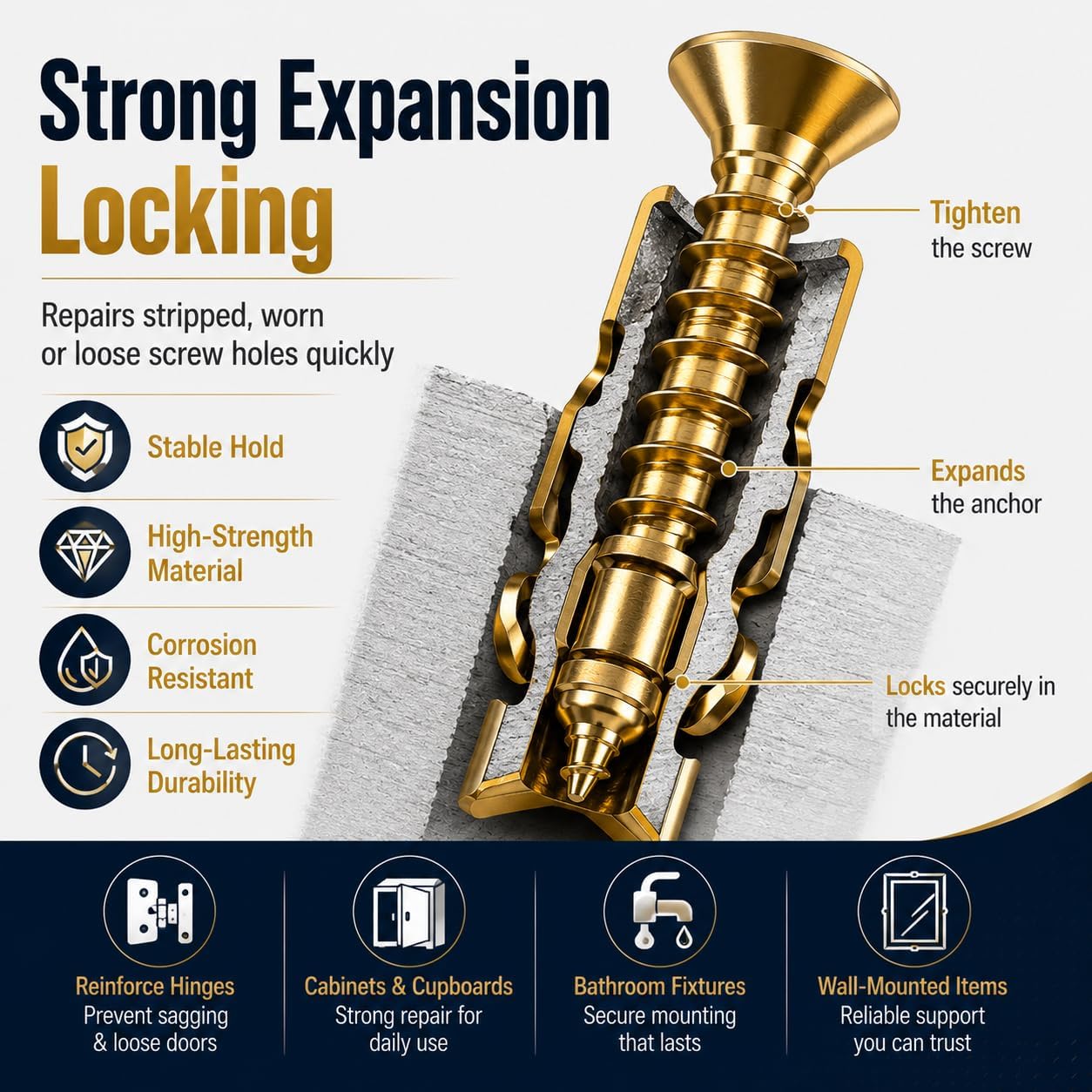 30 PCS 6×14mm Short Expansion Screw Set for Cabinet Hinge Repair & Stripped Thread Restoration, Secure Cabinet Door Fastening