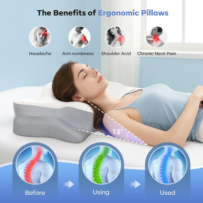 Ultra Comfort Ergonomic Cervical Pillow, Supportive Memory Foam Neck Pillow, Adjustable Height, Breathable Cover, for All Sleepers, No Odor