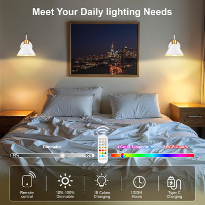 Frideko Rechargeable Wall Sconces Set of Two with Remote, RGB 15 Colors Dimmable Battery Operated Wall Lights for Living Room Bedroom, Indoor Black Wall Lamp with Timer Wireless