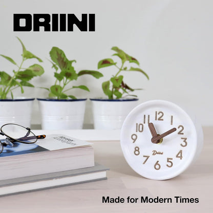 Driini Small, Silent Wooden Analog Desk Clock for Shelf or Table, Dark