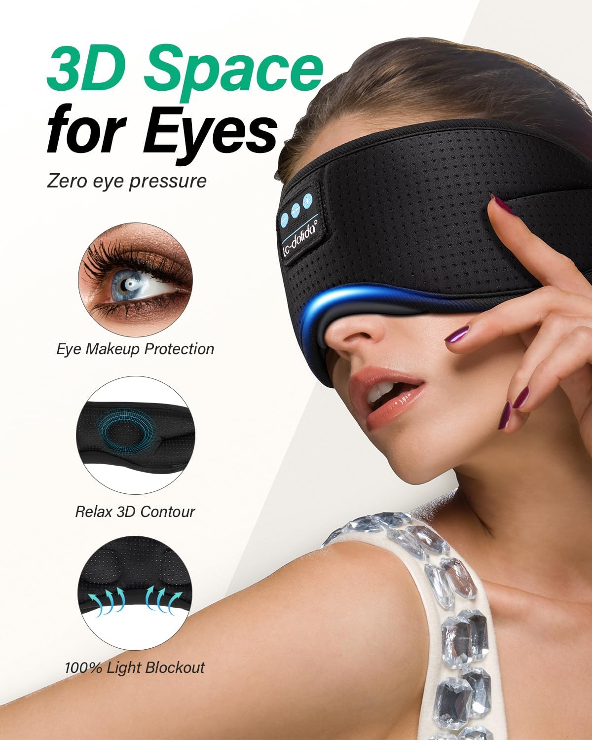 LC-dolida Sleep Headphones, White Noise Bluetooth Sleep Mask 3D Breathable Wireless Eye Mask for Timing, Sleep Mask with Bluetooth Headphones for Side Sleepers Travel Yoga, Cool Gadgets for Women Men