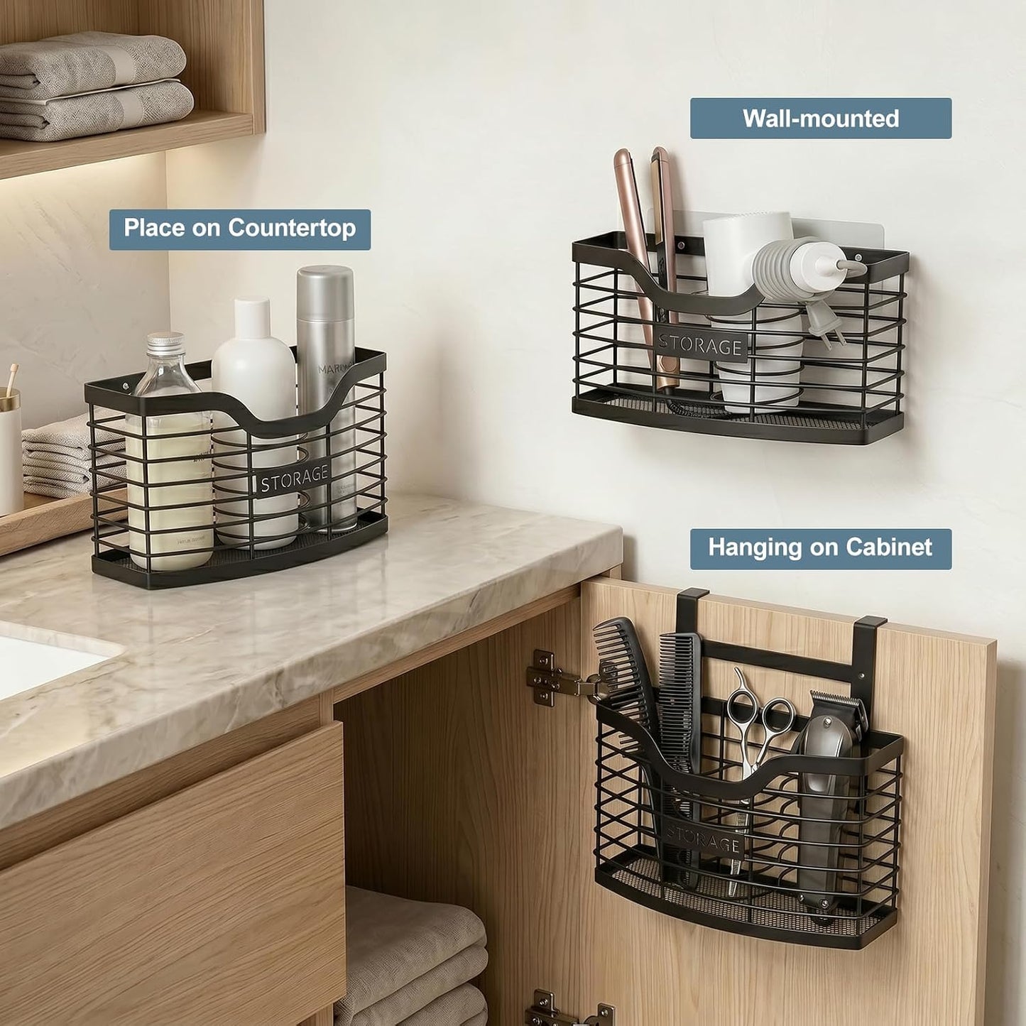 Hair Tool Organizer, Hair Dryer Holder for Bathroom Vanity Counter Cabinet | Dresser Blow Dryer Holder, No Drilling Wall Mount Storage Basket for Blow Dryers, Shaver, Comb, Curling Iron, Straightener