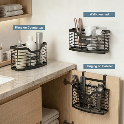 Hair Tool Organizer, Hair Dryer Holder for Bathroom Vanity Counter Cabinet | Dresser Blow Dryer Holder, No Drilling Wall Mount Storage Basket for Blow Dryers, Shaver, Comb, Curling Iron, Straightener