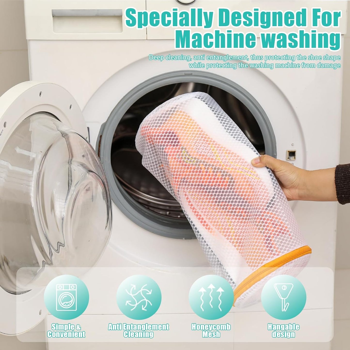 Shoe Washing Machine Bag, Laundry Bag for Sneakers, Orange, 7x15 | Bag to Wash Shoes in Washer and Dryer, for Tennis, Footwear, Trainers, Slippers, Prevent Tangling, Honeycomb Mesh