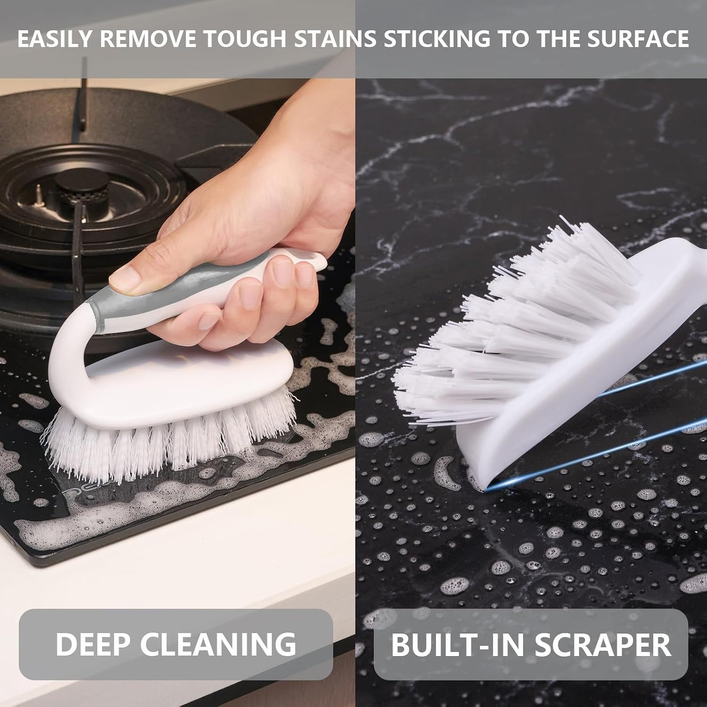 Scrub Brush Set, 4 Pack Deep Cleaning Brush Kit, Green | 2 Scrub Brush, 2 Tile & Grout Brush with Built-in Scraper, Household Commercial Scrubber for Floor, Shower, Pool Wall, Tub